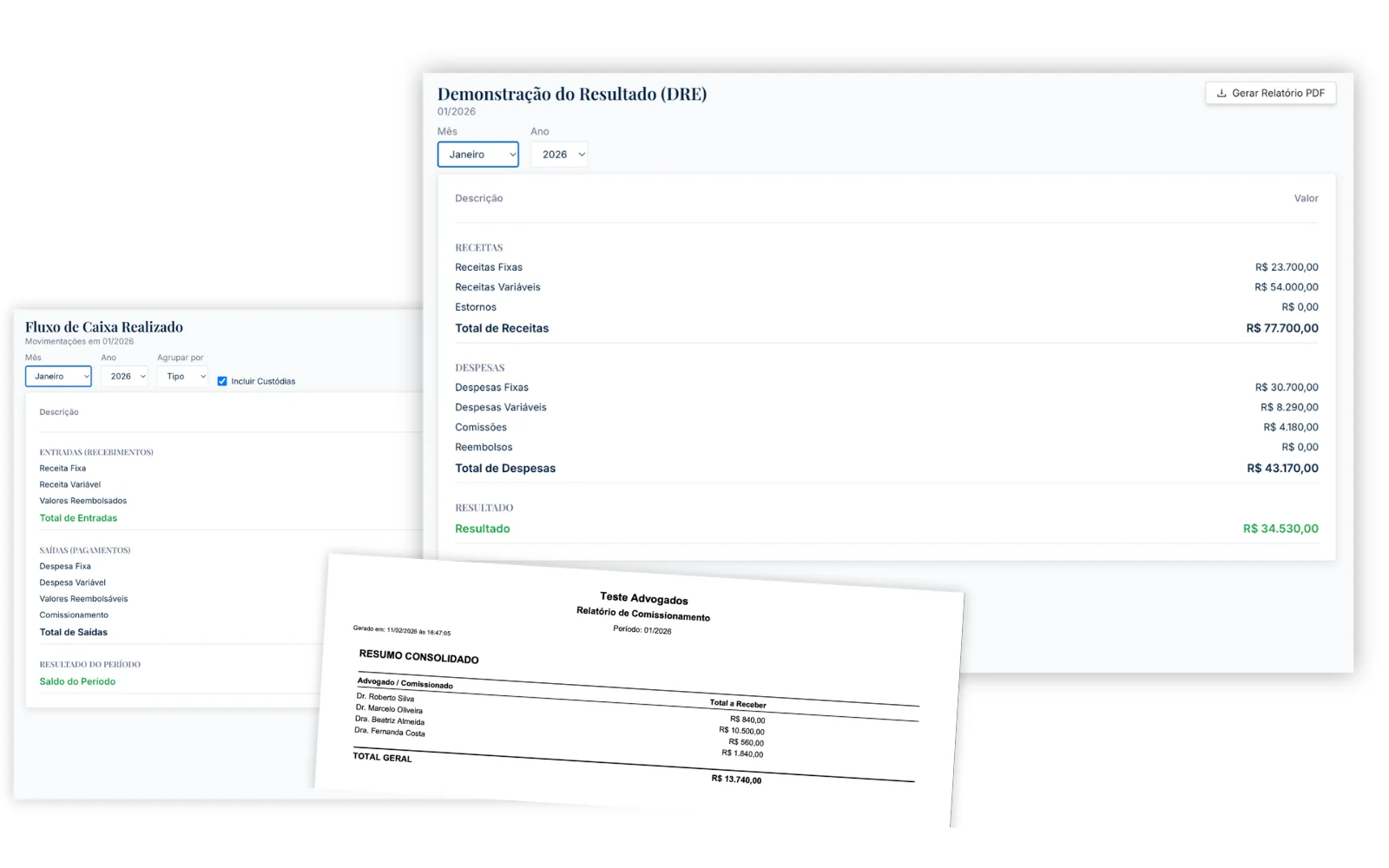 DRE, fluxo de caixa realizado e relatório de comissionamento de advogados em PDF gerados pelo Vincor